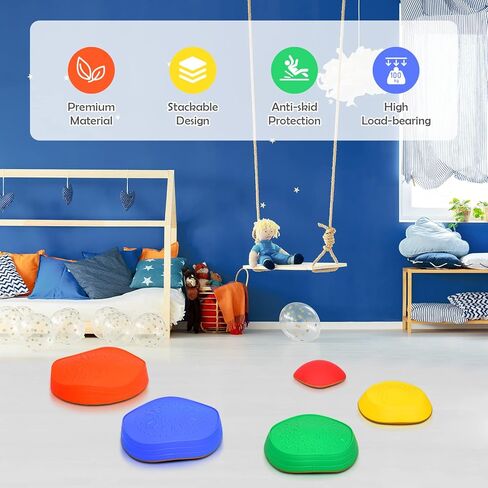 HONEY JOY Balance Stepping Stones للأطفال، 11 قطعة سطح محكم غير قابل للانزلاق وحواف مطاطية، لعبة مسار العوائق الداخلية والخارجية، معدات اللياقة البدنية للأطفال لتنسيق التوازن والقوة in Kuwait