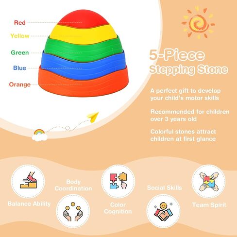 HONEY JOY Balance Stepping Stones للأطفال، 11 قطعة سطح محكم غير قابل للانزلاق وحواف مطاطية، لعبة مسار العوائق الداخلية والخارجية، معدات اللياقة البدنية للأطفال لتنسيق التوازن والقوة in Kuwait