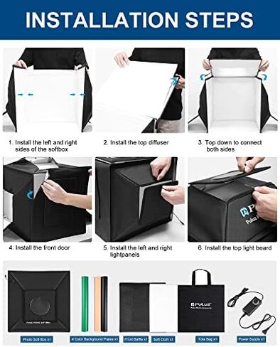 PULUZ 32"x32" Light Box Photography, Professional Photo Shooting Tent Kit | 90W 14000LM High CRI95+ Light, 4 Colors Backdrop, 3 Stepless Dimming LED Panels, Portable Carry Bag, Photo Studio Booth in Saudi Arabia