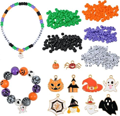 Halloween Pony and Wood Beads Jewelry Making Kit,Assort Wooden Clay Bead Alloy Charm Pendant Pumpkin Skull Ghost Shape Bracelet Necklace DIY,for Halloween Craft Party Home Decor in Saudi Arabia
