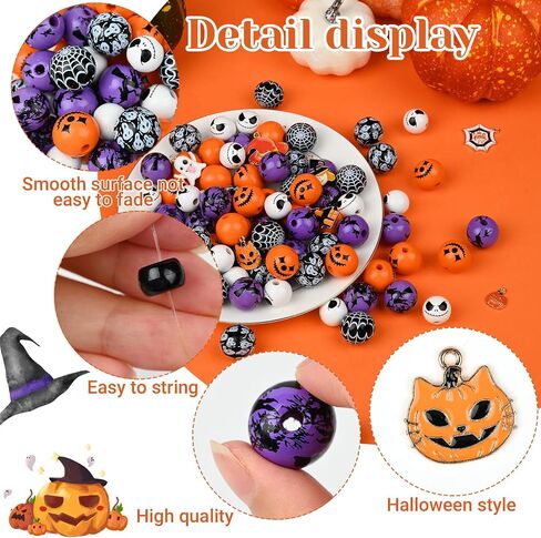Halloween Pony and Wood Beads Jewelry Making Kit,Assort Wooden Clay Bead Alloy Charm Pendant Pumpkin Skull Ghost Shape Bracelet Necklace DIY,for Halloween Craft Party Home Decor in Saudi Arabia