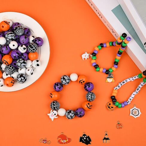 Halloween Pony and Wood Beads Jewelry Making Kit,Assort Wooden Clay Bead Alloy Charm Pendant Pumpkin Skull Ghost Shape Bracelet Necklace DIY,for Halloween Craft Party Home Decor in Saudi Arabia