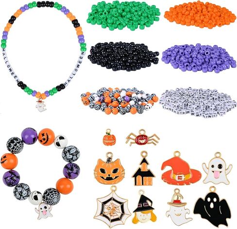 Halloween Pony and Wood Beads Jewelry Making Kit,Assort Wooden Clay Bead Alloy Charm Pendant Pumpkin Skull Ghost Shape Bracelet Necklace DIY,for Halloween Craft Party Home Decor in Saudi Arabia