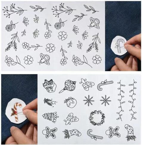 38 قطعة من مثبتات الخياطة اليدوية، مثبتات قابلة للذوبان في الماء، مثبتات ذاتية اللصق وقابلة للغسل، مع زهور مطبوعة مسبقا وأنماط عيد الميلاد، مناسبة للمبتدئين في التطريز اليدوي in Kuwait