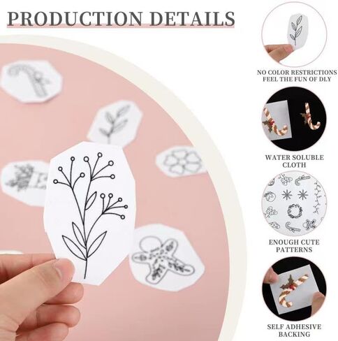 38 قطعة من مثبتات الخياطة اليدوية، مثبتات قابلة للذوبان في الماء، مثبتات ذاتية اللصق وقابلة للغسل، مع زهور مطبوعة مسبقا وأنماط عيد الميلاد، مناسبة للمبتدئين في التطريز اليدوي in Kuwait