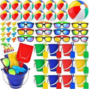 Pool Party Favors Beach Party Favors - 48 PCS Pool Toys For Kids Ages 3 4 5 6 7 8 Beach Balls Bulk, Sand Bucket and Shovels Set, Kids Sunglasses Bulk, Beach Summer Toys, Pool Party Supplies Sand toys