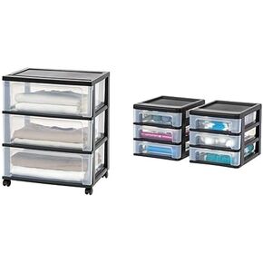 Bundle of IRIS USA Plastic 3-Drawer Wide Storage Drawer Cart with Caster Wheels Black, Set of 1 + IRIS USA Small Plastic 3-Drawer Desktop Organizer for Office School Stationery Bathroom, Black, 2 Pack