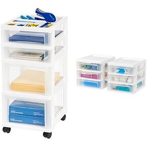 Bundle of IRIS USA Craft Organizer 4-Drawer Top Rolling Storage Cart for Small Parts, Black + IRIS USA Small Plastic 3-Drawer Desktop Organizer for Office School Stationery Bathroom, Black, 2 Pack