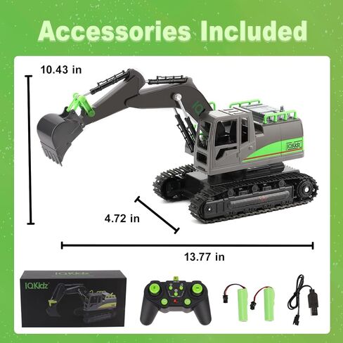 IQKidz Remote Control Excavator Toys for Boys 4-7 Yrs Old - Best Birthday Gift for Kids Age 3 5 8 9 10+, Metal Shovel Construction Vehicles with Light Sound, Rechargeable RC Tracked Digger in Saudi Arabia