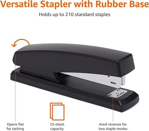 Amazon Basics Stapler with 1000 Staples, Office Stapler, 25 Sheet Capacity, Non-Slip, Black, 3 Pack in Saudi Arabia