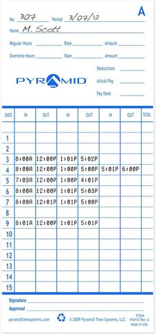 Pyramid Time Systems 42415 Genuine and Authentic Time Cards for 2500, 2600 & 2650 Auto Aligning Time Clocks, 100/Pk, Teal/Orange in Saudi Arabia
