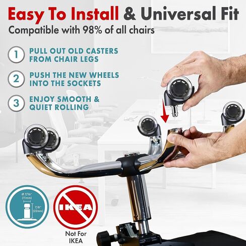 SEDDOX Office Chair Wheels Replacement Set of 5 - Dual 2 Inch Soft Chair Casters for Hardwood Vinyl Tile - Heavy Duty & Safe for All Floors - Fits 98% of Computer Gaming & Office Chairs - Black in Saudi Arabia