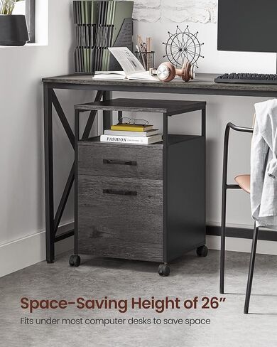 خزانة VASAGLE المتنقلة بعجلات، درجين، رف مفتوح، مقاس A4، حجم Letter، مجلدات ملفات معلقة، 17.3 بوصة عمق × 16.5 بوصة عرض × 26.2 بوصة ارتفاع، أسود in Kuwait