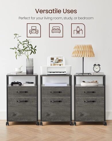 خزانة VASAGLE المتنقلة بعجلات، درجين، رف مفتوح، مقاس A4، حجم Letter، مجلدات ملفات معلقة، 17.3 بوصة عمق × 16.5 بوصة عرض × 26.2 بوصة ارتفاع، أسود in Kuwait