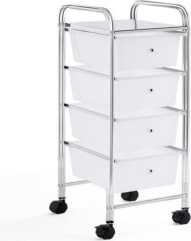 Yaheetech 4 Drawers Cart Rolling Plastic Storage Cart and Organizer Metal Frame Plastic Drawers Plastic Trolley Organizer on Wheels, White in Saudi Arabia