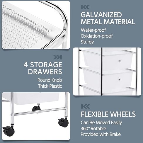 Yaheetech 4 Drawers Cart Rolling Plastic Storage Cart and Organizer Metal Frame Plastic Drawers Plastic Trolley Organizer on Wheels, White in Saudi Arabia