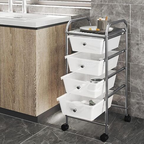 Yaheetech 4 Drawers Cart Rolling Plastic Storage Cart and Organizer Metal Frame Plastic Drawers Plastic Trolley Organizer on Wheels, White in Saudi Arabia