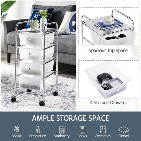 Yaheetech 4 Drawers Cart Rolling Plastic Storage Cart and Organizer Metal Frame Plastic Drawers Plastic Trolley Organizer on Wheels, White in Saudi Arabia