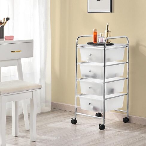Yaheetech 4 Drawers Cart Rolling Plastic Storage Cart and Organizer Metal Frame Plastic Drawers Plastic Trolley Organizer on Wheels, White in Saudi Arabia
