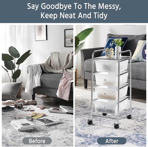 Yaheetech 4 Drawers Cart Rolling Plastic Storage Cart and Organizer Metal Frame Plastic Drawers Plastic Trolley Organizer on Wheels, White in Saudi Arabia