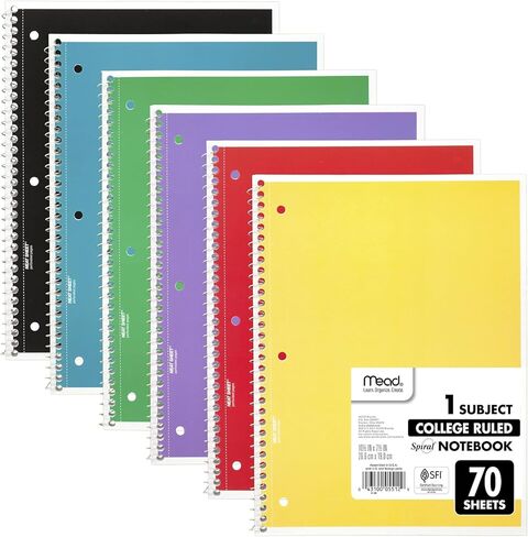 Mead Spiral Notebooks, 6 Pack, 1 Subject, College Ruled Paper, 7-1/2" x 10-1/2", 70 Sheets per Notebook, Color Will Vary (73065) in Saudi Arabia