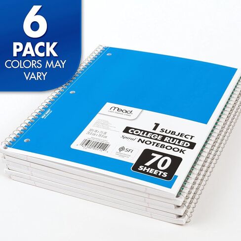 Mead Spiral Notebooks, 6 Pack, 1 Subject, College Ruled Paper, 7-1/2" x 10-1/2", 70 Sheets per Notebook, Color Will Vary (73065) in Saudi Arabia