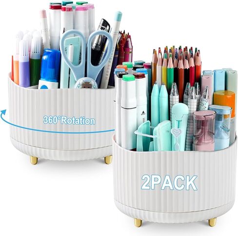 2 حزمة حامل قلم رصاص 360 درجة الدورية قلم رصاص المنظمون للمكتب مع 5 فتحات، منظم لوازم القرطاسية تخزين سطح المكتب، وعاء قلم رصاص أبيض للفرش وأقلام التلوين وأقلام الرصاص الملونة in Kuwait