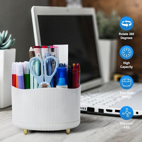 2 حزمة حامل قلم رصاص 360 درجة الدورية قلم رصاص المنظمون للمكتب مع 5 فتحات، منظم لوازم القرطاسية تخزين سطح المكتب، وعاء قلم رصاص أبيض للفرش وأقلام التلوين وأقلام الرصاص الملونة in Kuwait