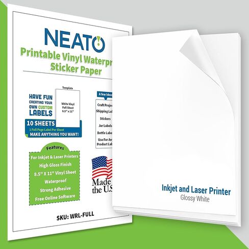 Sticker Paper - 25 Blank Super Glossy Label Sheets Made in USA - (8.5" x 11") - Waterproof Vinyl Labels for Inkjet & Laser Printers - Customizable Labels for Stickers, Bottles, Candle Jars in Kuwait