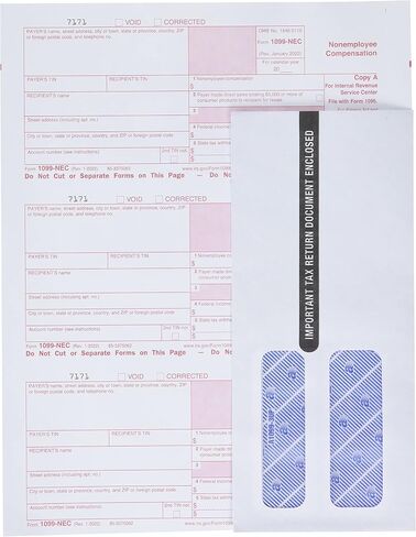 TOPS 1099 NEC 3 Up Forms 2022, Tax Forms Kit for 30 Recipients, 5 Part NEC Tax Form Sets with Self Seal 1099 Envelopes and 3 1096 (TX22905NEC-22) in Saudi Arabia