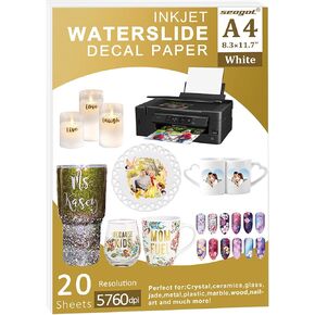 Waterslide Paper-20 sheet Inkjet Water Slide Paper,A4 Size clear waterslide paper for DIY Decals Gift Crafts Ceramics Candles and Custom Tumblers, waterslide decal paper (The packaging may be blue)