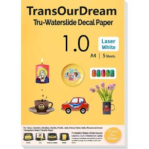 TransOurDream Water Slide Decal Paper for Laser Printer WHITE (20 Sheets, A4 Size) Waterslide Transfer Paper Printable Waterslide Paper for Tumblers, Mugs, Glasses (TOD-022-15)