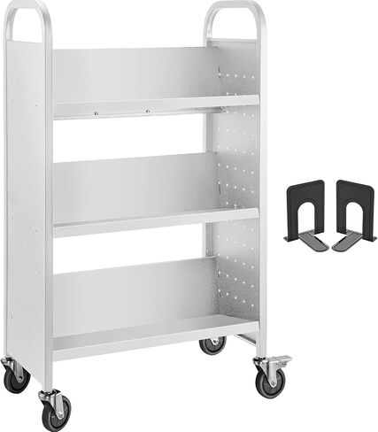 VEVOR Book Cart, 200LBS Library Cart, 49.2''x29.5''x13.8'' Rolling Book Cart, Single Sided V-Shaped Sloped Shelves with 4 Inch Lockable Wheels for Home Shelves Office School Book Truck, White in Saudi Arabia