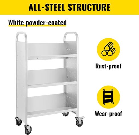 VEVOR Book Cart, 200LBS Library Cart, 49.2''x29.5''x13.8'' Rolling Book Cart, Single Sided V-Shaped Sloped Shelves with 4 Inch Lockable Wheels for Home Shelves Office School Book Truck, White in Saudi Arabia