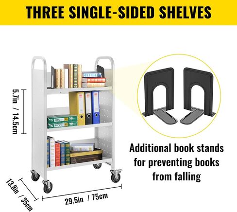 VEVOR Book Cart, 200LBS Library Cart, 49.2''x29.5''x13.8'' Rolling Book Cart, Single Sided V-Shaped Sloped Shelves with 4 Inch Lockable Wheels for Home Shelves Office School Book Truck, White in Saudi Arabia