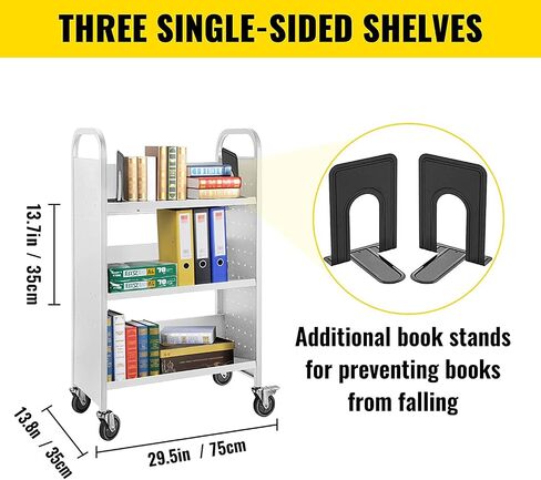 VEVOR Book Cart, 200lbs Library Cart, 30x14x49 Inch Rolling Book Cart, Single Sided V-Shaped Sloped Shelves with 4 Inch Lockable Wheels, for Home Shelves Office and School Book Truck in White in Saudi Arabia