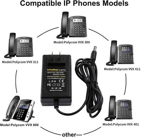 مصدر طاقة 48 فولت 310 مللي أمبير - محول COOLM 48 فولت لهواتف VOIP Polycom IP VVX 300، 301، 310، 311، 400، 401، 410، 411، 500، 501، 511، 600، 601، 611، 1500، Sound Point IP 560، 670 (كابل 6.6 قدم) in Kuwait