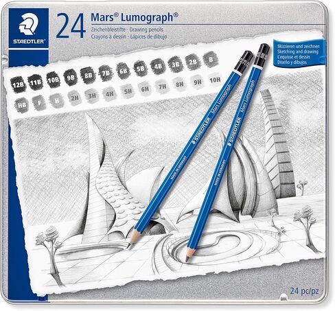 مجموعة أقلام رصاص للفنانين من STAEDTLER Mars Lumograph Graphite، 12 درجة (8B، 7B، 6B، 5B، 4B، 3B، 2B، B، HB، F، H، 2H)، ممحاة بلاستيكية مارس، 61 100 P in Kuwait
