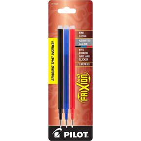 Pilot, FriXion Ball Gel Ink Refills for Erasable Pens, Fine Point 0.7 mm, Pack of 3, Black, Blue & Red in Kuwait