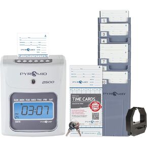 أنظمة Pyramid Time Systems 2500 حزمة ساعة زمنية صغيرة للأعمال مع 100 بطاقة وقت، وشريط واحد، ورف واحد لبطاقات الوقت، و2 مفتاح أمان - بدون حدود للموظفين، وبطاقات وقت عاجية وإسبانية، 100 حزمة