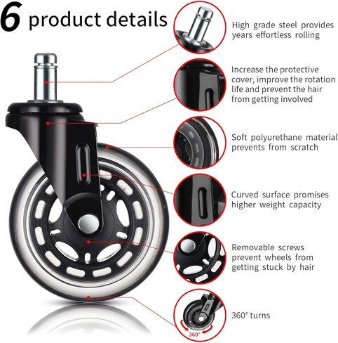 عجلات كرسي مكتب بوبولوف، عجلات بديلة لكراسي المكتب، عجلات كرسي ملائمة عالميًا بنسبة 98%، عجلات للسجاد والخشب الصلب والبلاط (3 بوصة، مجموعة من 5) in Kuwait
