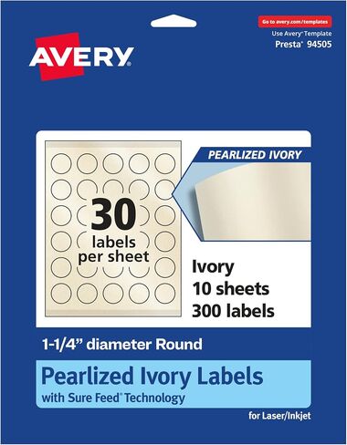 ملصقات مستديرة عاجية لؤلؤية من Avery مع تقنية التغذية المؤكدة، طباعة على الحافة، قطر 1.25 بوصة، 300 ملصق عاجي لؤلؤي، ملصقات قابلة للطباعة بالليزر/نفث الحبر in Saudi Arabia