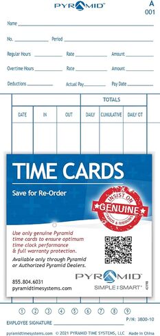 Pyramid Time Systems, 3800-10MB, Genuine and Authentic Time Cards for The Pyramid Model 3800 Auto Totaling Time Clock, 1,000 per Pack, time Cards, White in Kuwait