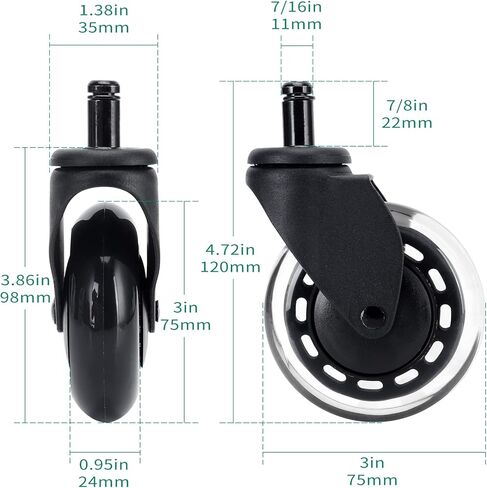 PRITEK Office Chair Wheels Set of 5, 3" Replacement Heavy Duty Rollerblade Rubber Chair Caster Wheels, Upgraded Version to Prevent Fluff and Dust in Kuwait