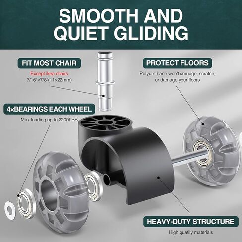 استبدال عجلات كرسي المكتب 2 بوصة عجلات كرسي مطاطية شديدة التحمل ذات حجم عالمي لكرسي المكتب، سلسة وآمنة لجميع الأرضيات، مجموعة من 5 in Kuwait