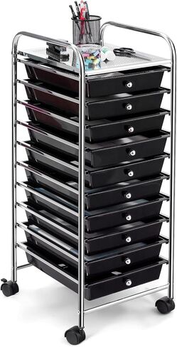 COSTWAY 10-Drawer Rolling Storage Cart, Utility Mobile Trolley with Removable Drawers & Universal Casters & 2 Brakes, Versatile Flexible Drawer Organizer Cart for Home, Office (Black) in Kuwait