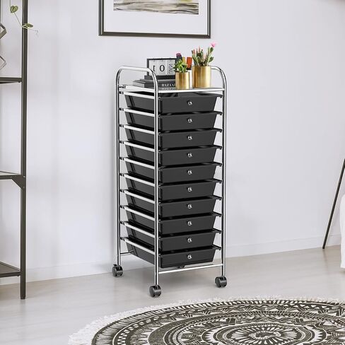 COSTWAY 10-Drawer Rolling Storage Cart, Utility Mobile Trolley with Removable Drawers & Universal Casters & 2 Brakes, Versatile Flexible Drawer Organizer Cart for Home, Office (Black) in Kuwait