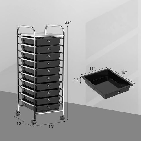 COSTWAY 10-Drawer Rolling Storage Cart, Utility Mobile Trolley with Removable Drawers & Universal Casters & 2 Brakes, Versatile Flexible Drawer Organizer Cart for Home, Office (Black) in Kuwait