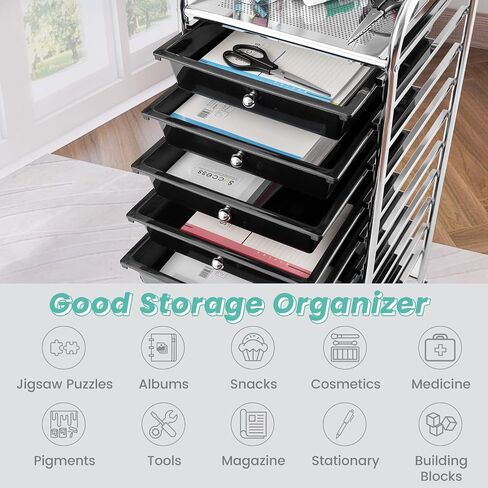 COSTWAY 10-Drawer Rolling Storage Cart, Utility Mobile Trolley with Removable Drawers & Universal Casters & 2 Brakes, Versatile Flexible Drawer Organizer Cart for Home, Office (Black) in Kuwait
