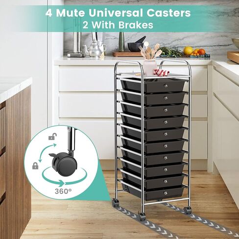 COSTWAY 10-Drawer Rolling Storage Cart, Utility Mobile Trolley with Removable Drawers & Universal Casters & 2 Brakes, Versatile Flexible Drawer Organizer Cart for Home, Office (Black) in Kuwait